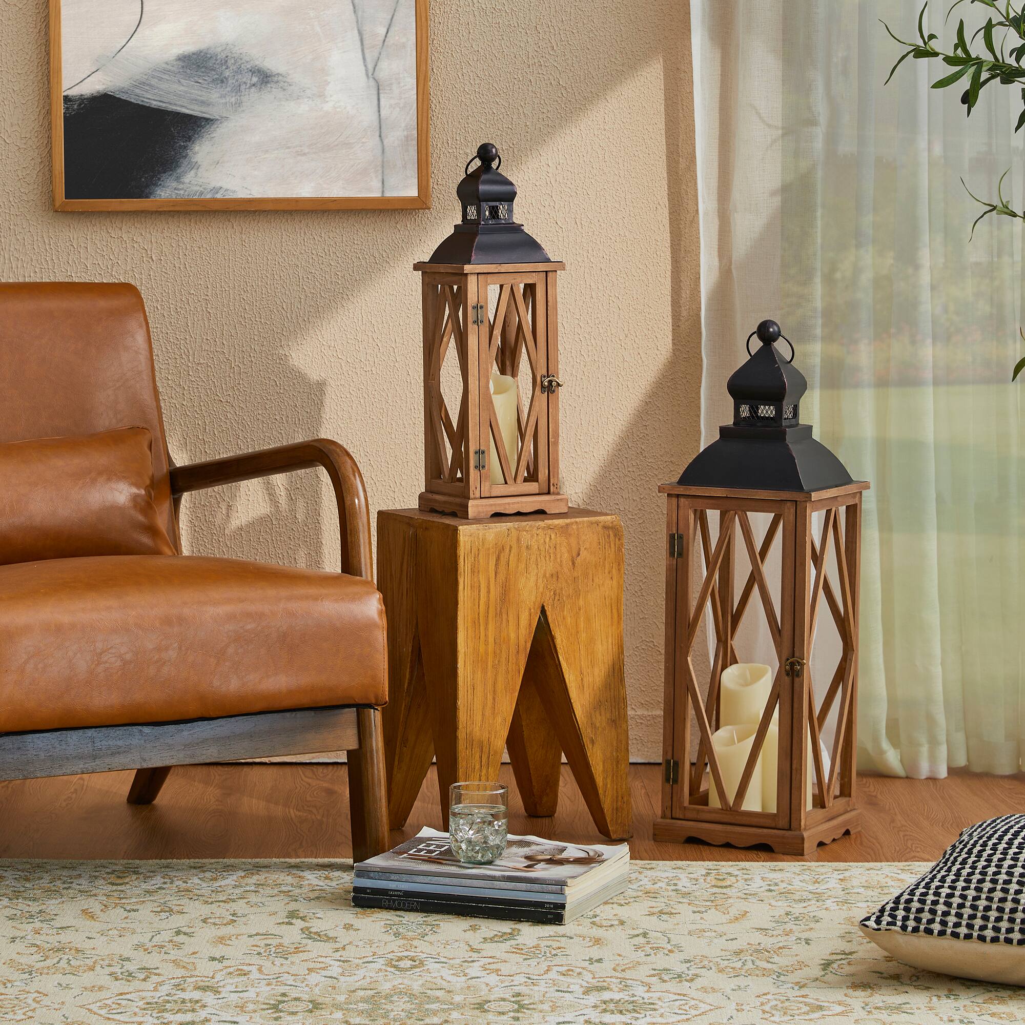 Glitzhome® Farmhouse Antique Diamond Wood & Metal Lanterns Set